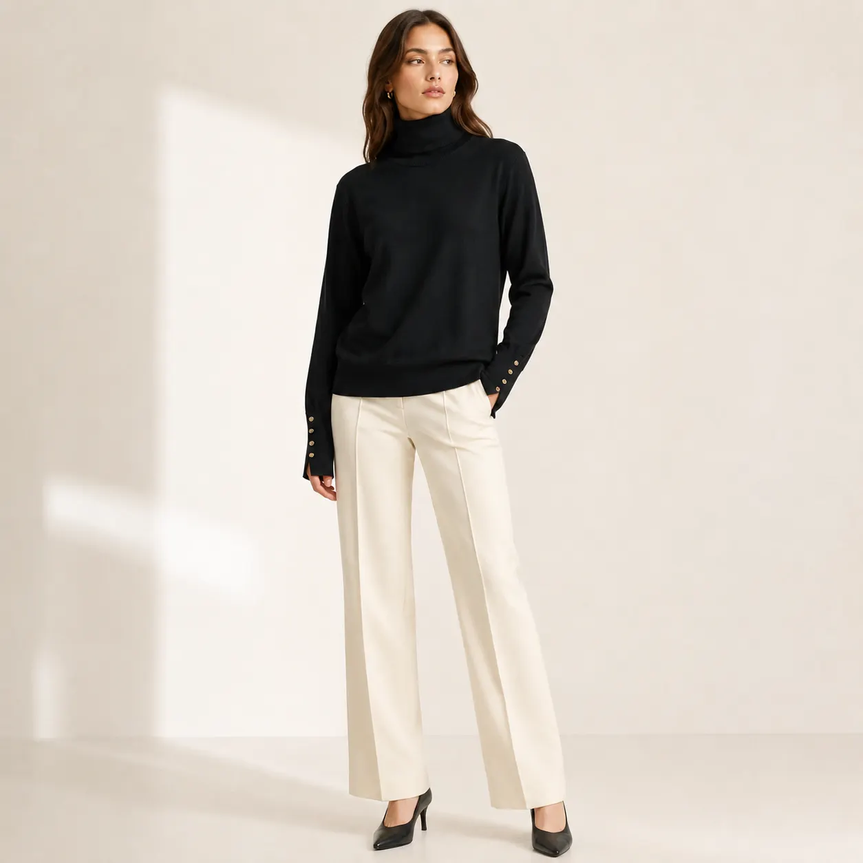 Button Cuff Turtleneck Knit Top-2