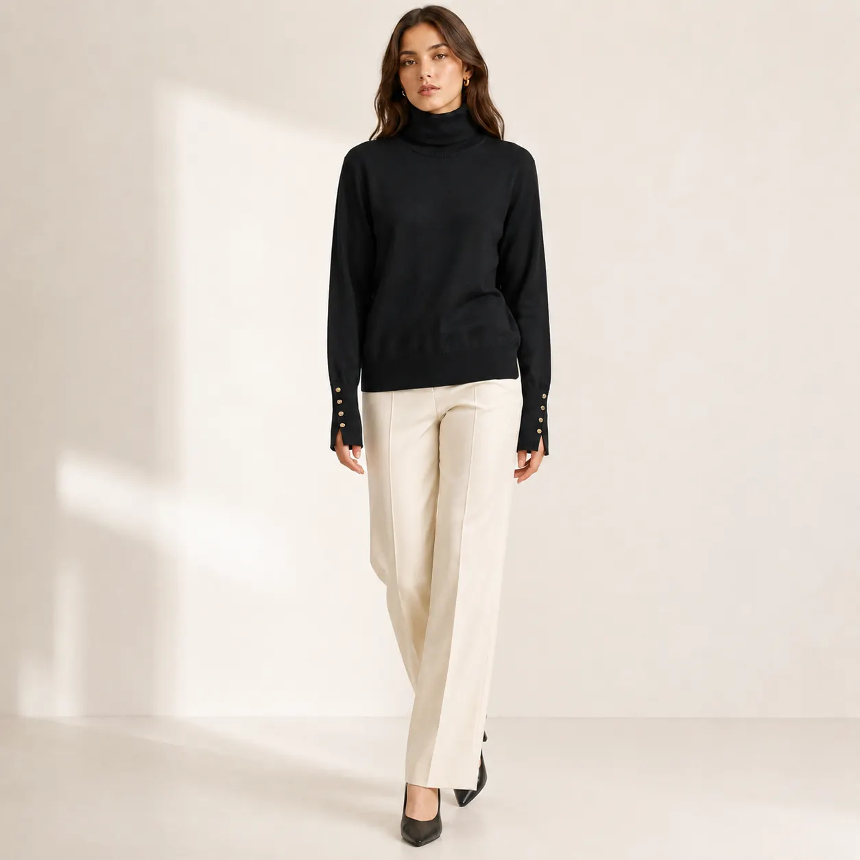 Button Cuff Turtleneck Knit Top-4