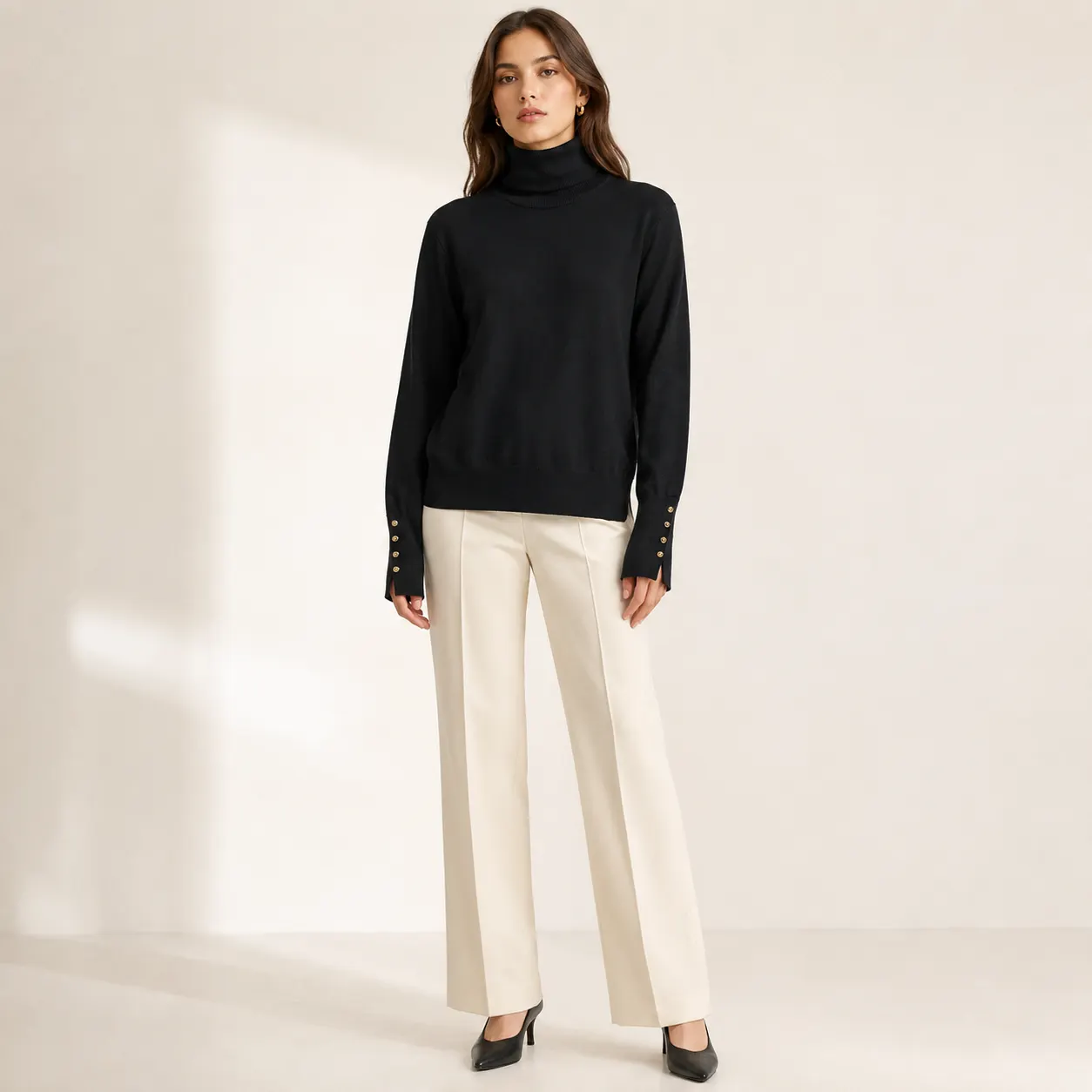 Button Cuff Turtleneck Knit Top
